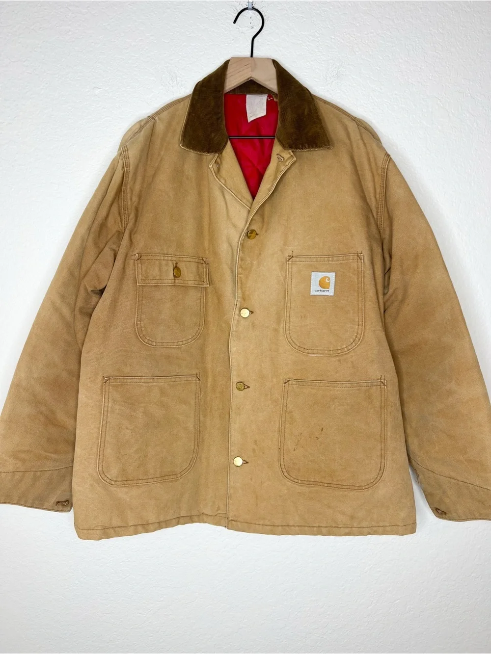 Vintage Carhartt Chore Jacket Barn Tan Duck Canvas Distressed Lined Mens size 44